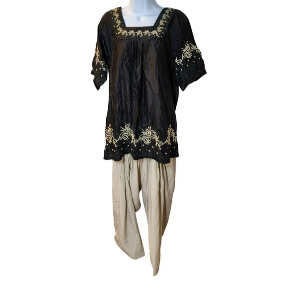 Qianzi 2pc Set L Black Tan Embroidered 65/35 Cotton Blend Desi Fusion Ethnic - Picture 13 of 13